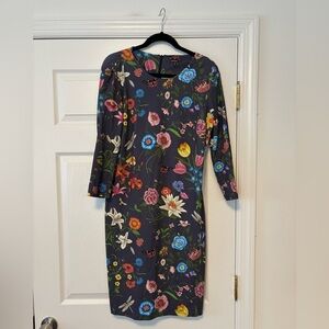 J.McLaughlin Sophia Dragonfly Garden Dress Sz  L Gray Catalina Cloth 3/4 Sleeves